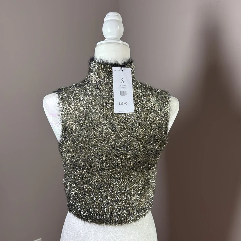 AKIRA Black Gold Metallic Mock Neck Sleeveless Crop Top NWT Sparkly Party - Picture 4 of 4